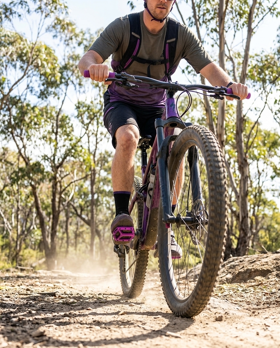 Riding bike with purple colour grips and pedals